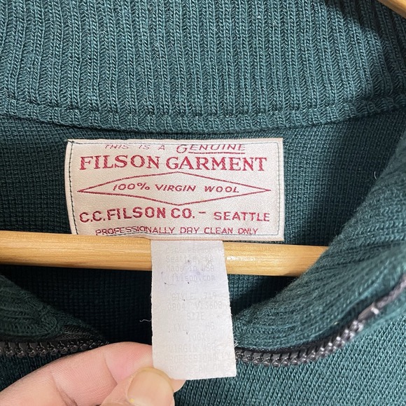 Vintage CC FILSON 1/4 Zip Pullover Crewneck Sweater Green Virgin Wool Mens 2XL - Picture 2 of 5